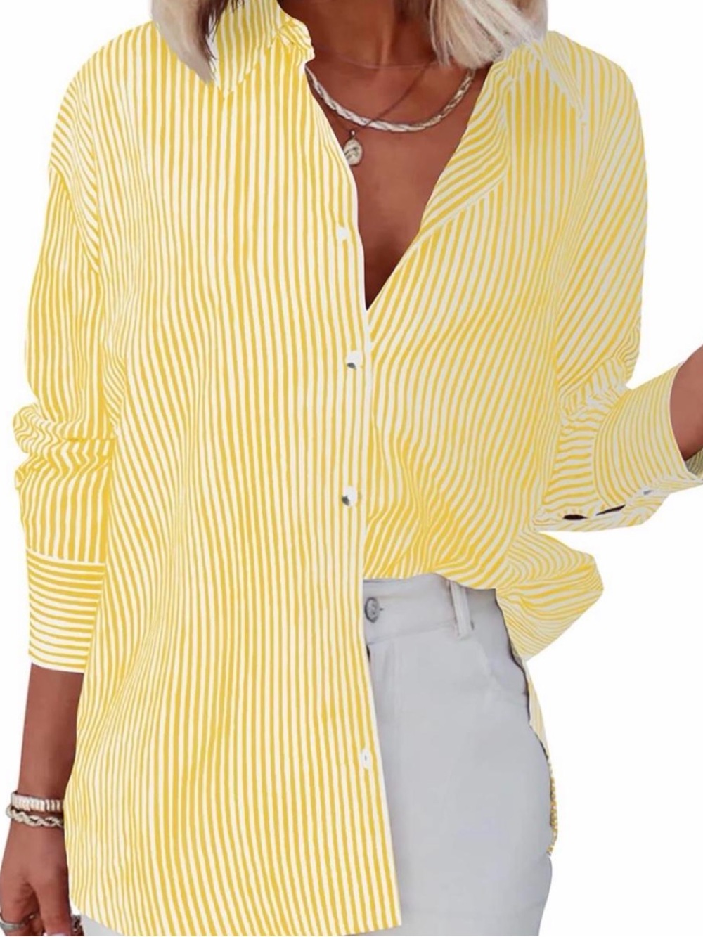 Amazon Yellow and White Striped Button-Down Collared Shirt